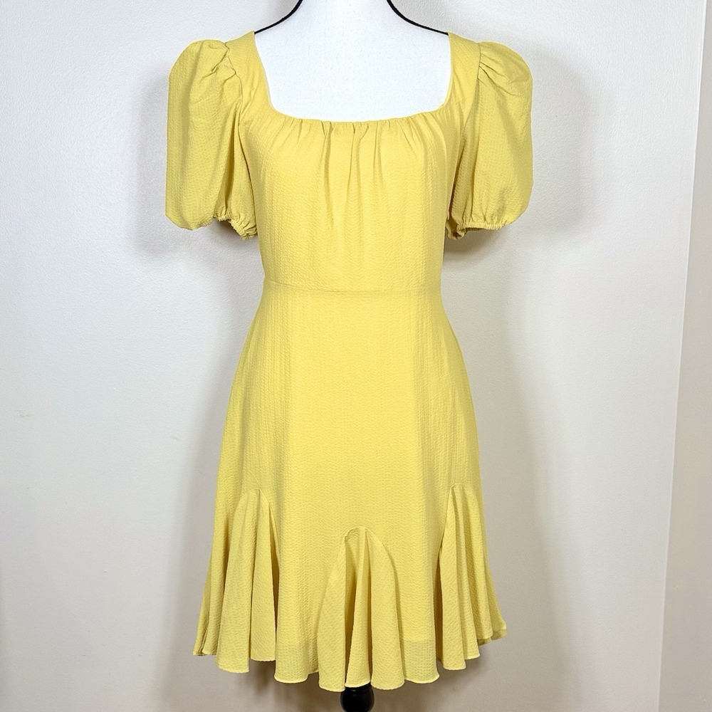 ASTR The Label Womens Dress S Butter Yellow Puff‎ Sleeve Mini Fit Flare Coquette